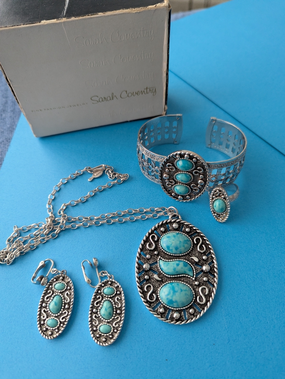 Vintage 70s Signed Sarah Coventry "Indian Maiden" Necklace Cuff Bracelet & Ring!